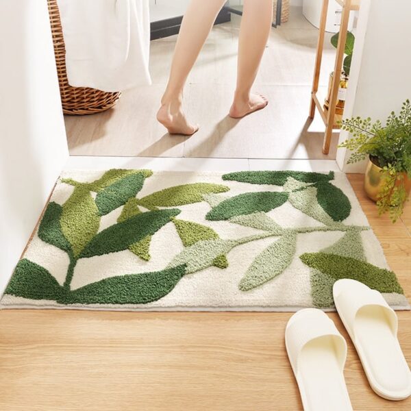 Green Leaves Flocking Bath Mat Non-slip Absorbent Microfiber - Image 4