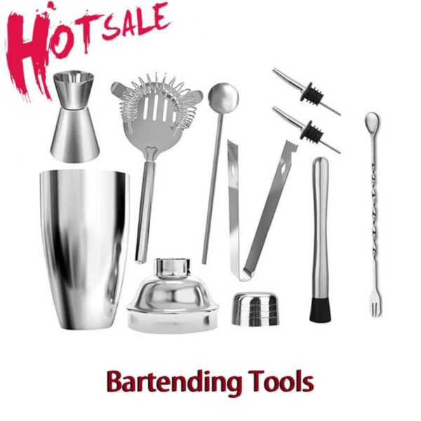 Stainless Steel Cocktail Shaker Set Mixer Strainer Ice Tongs Mixing Spoon  Jigger Pourer Muddler Corkscrew - Image 13