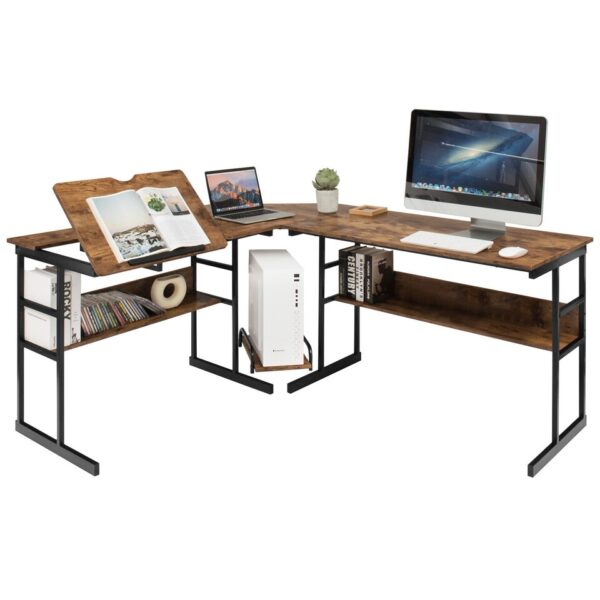 Costway L-Shaped Computer Desk Drafting Table Workstation w/ Tiltable Tabletop - Image 10