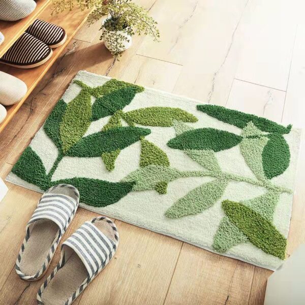 Green Leaves Flocking Bath Mat Non-slip Absorbent Microfiber