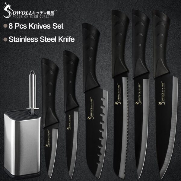 Sowoll 8'' Knife Holder Stainless Steel 8pcs Kitchen Cooking Knife Set Chef Slicing Bread Santoku Utility Paring Knife Sharpener