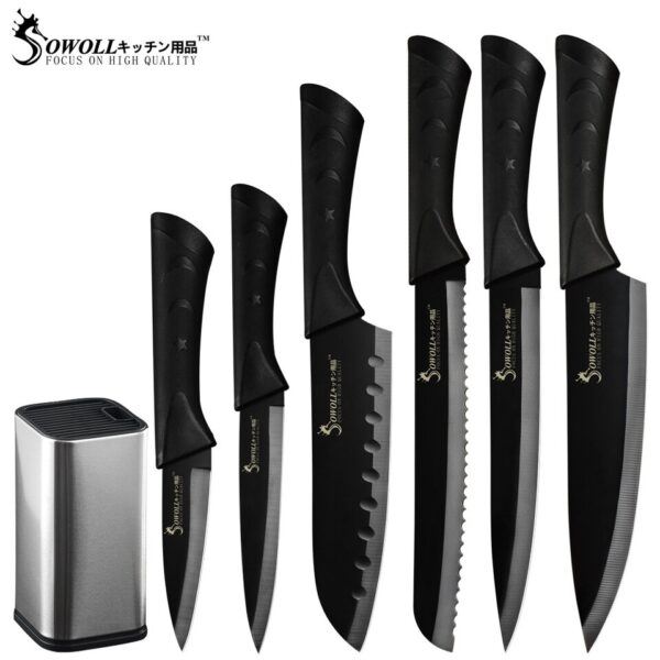 Sowoll 8'' Knife Holder Stainless Steel 8pcs Kitchen Cooking Knife Set Chef Slicing Bread Santoku Utility Paring Knife Sharpener - Image 10