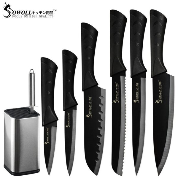 Sowoll 8'' Knife Holder Stainless Steel 8pcs Kitchen Cooking Knife Set Chef Slicing Bread Santoku Utility Paring Knife Sharpener - Image 5