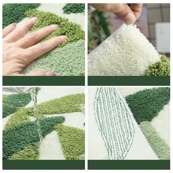 Green Leaves Flocking Bath Mat Non-slip Absorbent Microfiber Bathroom Rug - Image 2