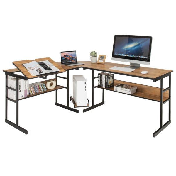 Costway L-Shaped Computer Desk Drafting Table Workstation w/ Tiltable Tabletop - Image 3