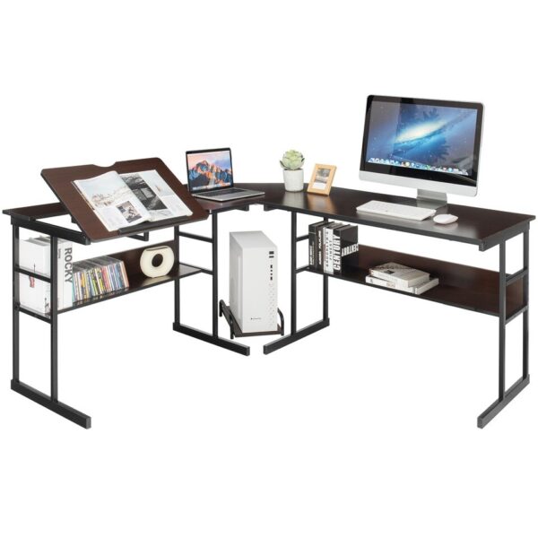 Costway L-Shaped Computer Desk Drafting Table Workstation w/ Tiltable Tabletop - Image 7