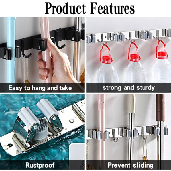 Mop Broom Holder Wall Mount 5 Racks 4 Hooks Broom Organizer - Image 8