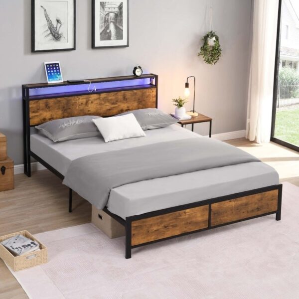 Industrial Full Bed Frame with LED Lights and 2 USB Ports, Bed Frame Full Size - Image 5