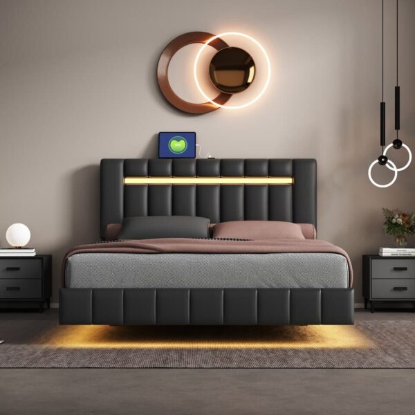 Queen Size Floating Bed Frame with LED Lights and USB Charging,Modern Upholstered Platform