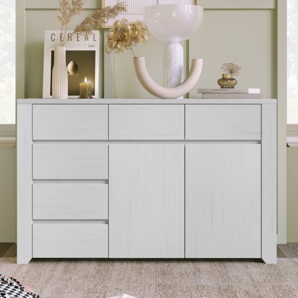 Off White Simple Style Manufacture Wood Dresser with Gray Wood Grain Sticker Surfaces Six Drawers and Two Level Cabinet