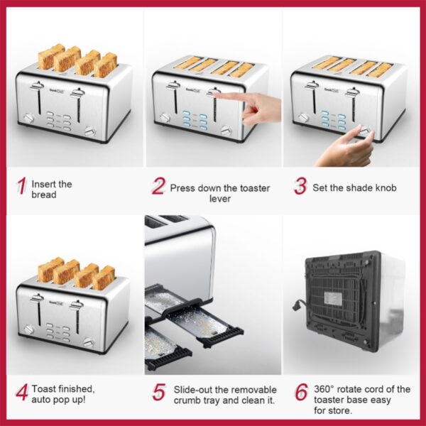 Toaster 4 Pieces Geek Chef Stainless Steel Super Wide Trough Toaster with Bagel/defrosting/ - Image 5
