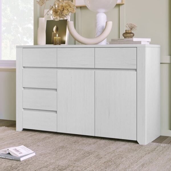 Off White Simple Style Manufacture Wood Dresser with Gray Wood Grain Sticker Surfaces Six Drawers and Two Level Cabinet - Image 4