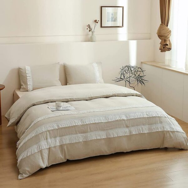 Simple&Opulence Linen Cotton 3Pcs Boho Bedding Set with Tassel Washed Comforter - Image 5