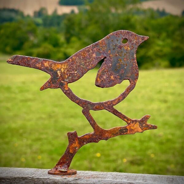 Exterior Rustic Rusty-metal Robin-bird Branch Garden Fence Topper