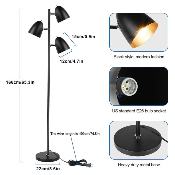 Depuley Modern Floor Lamp 3-Light Reading Light Adjustable Metal Heads Brass Tall LED for Bedroom Office E26 Bulbs Include Black - Image 5