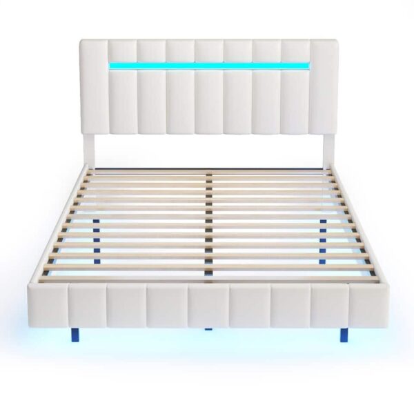 Queen Size Floating Bed Frame with LED Lights and USB Charging,Modern Upholstered Platform - Image 3