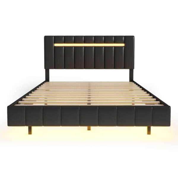 Queen Size Floating Bed Frame with LED Lights and USB Charging,Modern Upholstered Platform - Image 2