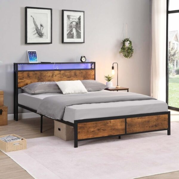 Industrial Full Bed Frame with LED Lights and 2 USB Ports, Bed Frame Full Size - Image 2