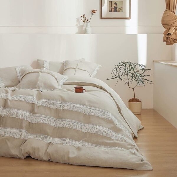 Simple&Opulence Linen Cotton 3Pcs Boho Bedding Set with Tassel Washed Comforter - Image 7