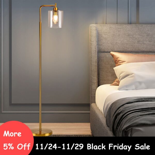 Depuley Nordic Vertical Metal LED Floor Lamp Glass Shade Brass Pole Arc Tall Lighting for Living Bedroom