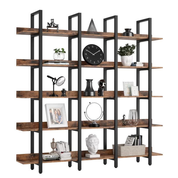 IRONCK Bookcase and Bookshelves Triple Wide 5 Tiers Large Open Shelves, Etagere Bookcases with Back Fence for Home Office Brown - Image 6