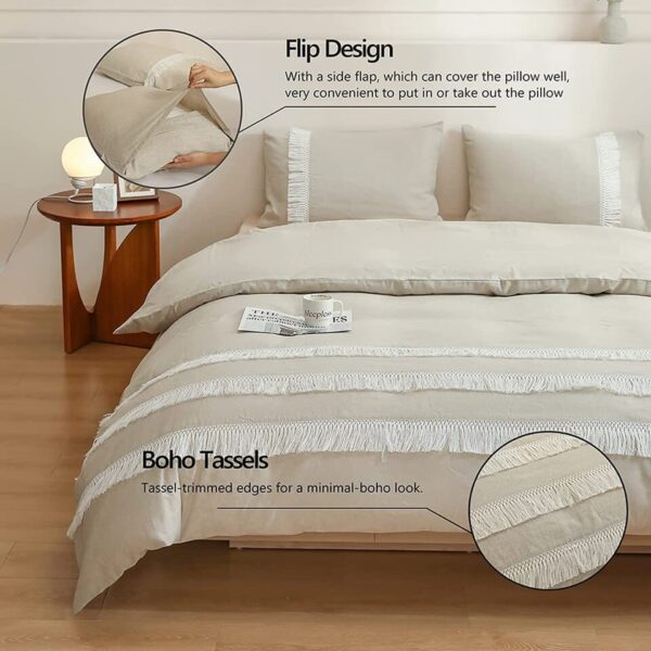 Simple&Opulence Linen Cotton 3Pcs Boho Bedding Set with Tassel Washed Comforter - Image 4