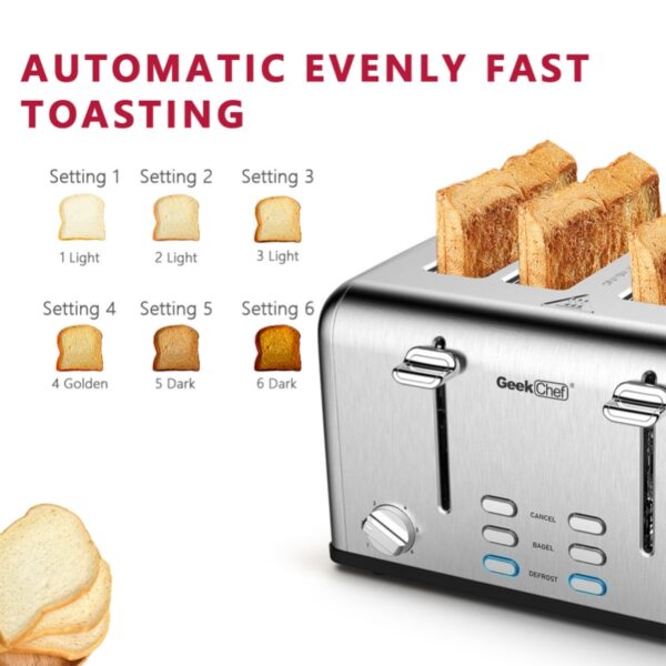 Toaster 4 Pieces Geek Chef Stainless Steel Super Wide Trough Toaster with Bagel/defrosting/