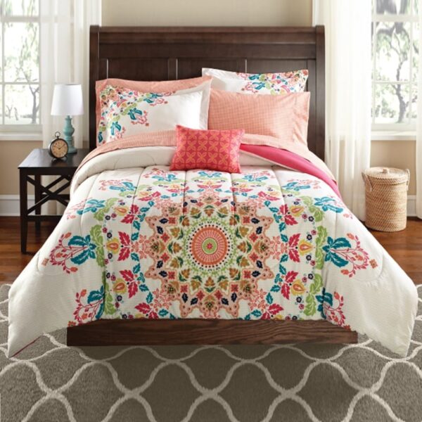 Mainstays Coral Medallion 8 Piece Bed in a Bag Comforter Set With Sheets, Queen