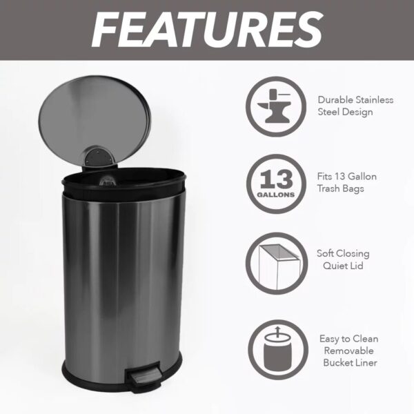 10.5 Gallon Trash Can, Black Stainless Steel Oval Kitchen Trash Can - Image 5