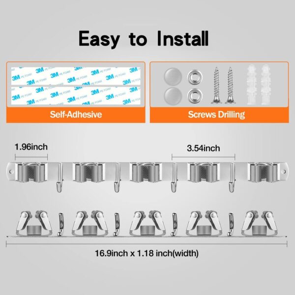 Mop Broom Holder Wall Mount 5 Racks 4 Hooks Broom Organizer - Image 4