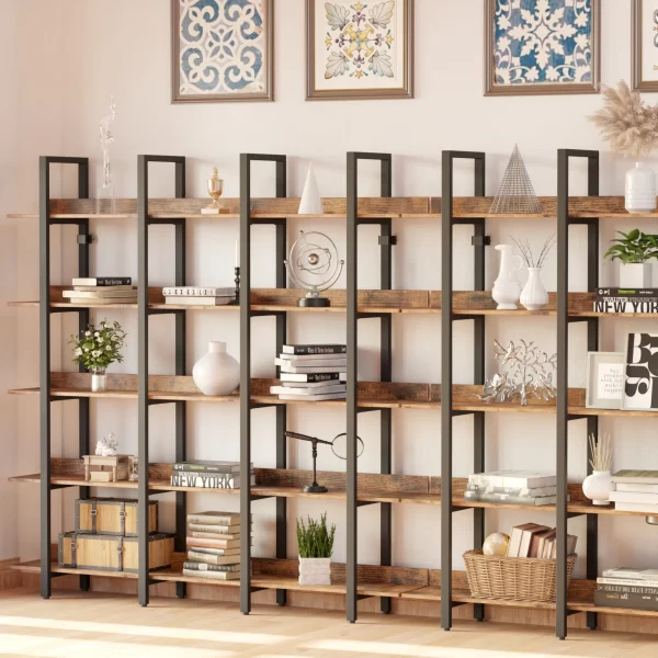 IRONCK Bookcase and Bookshelves Triple Wide 5 Tiers Large Open Shelves, Etagere Bookcases with Back Fence for Home Office Brown - Image 2