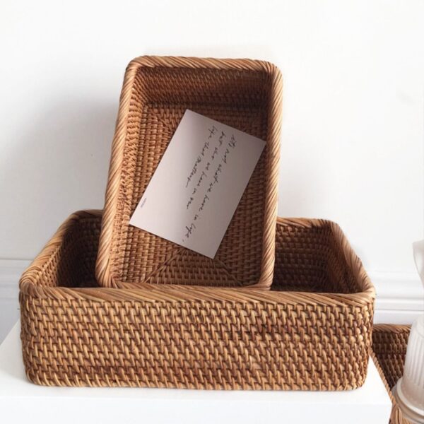 Hand-woven Rattan Wicker Basket Fruit Tea Snack Bread  Cosmetic Rectangular Storage Box Household Kitchen Supplies - Image 7