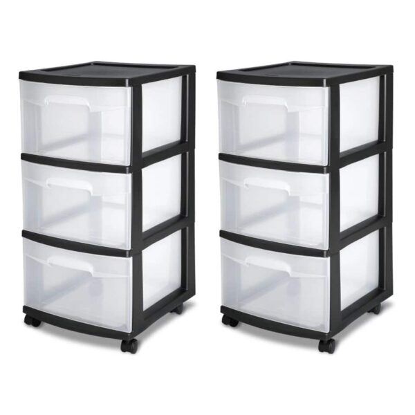 3 Drawer Cart Plastic, Black, Set of 2 Organizer Drawer  Plastic Drawer for Clothes