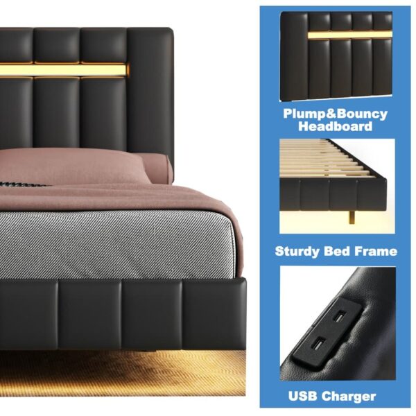 Queen Size Floating Bed Frame with LED Lights and USB Charging,Modern Upholstered Platform - Image 7