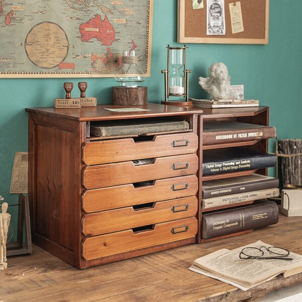 Manual Vintage Wooden Multi Drawer File Cabinets - Image 3