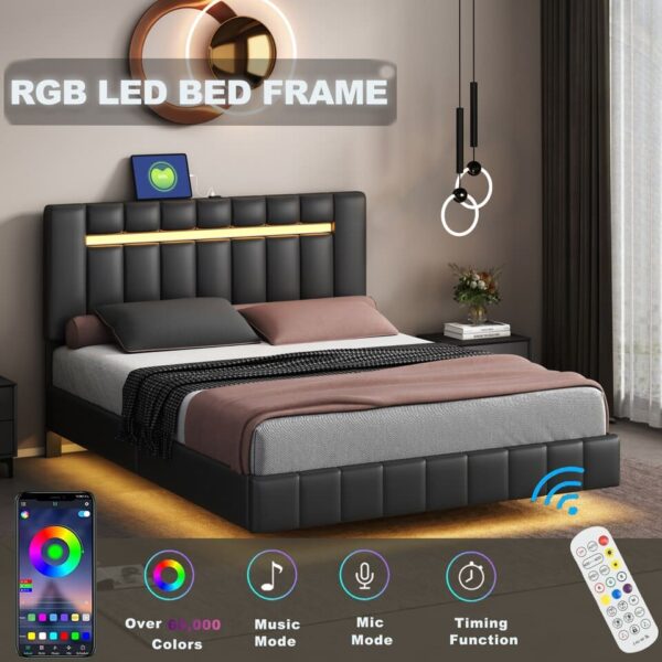 Queen Size Floating Bed Frame with LED Lights and USB Charging,Modern Upholstered Platform - Image 6