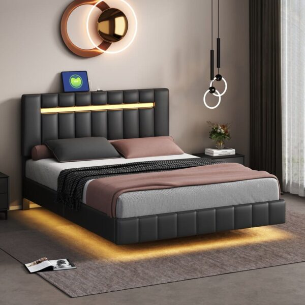 Queen Size Floating Bed Frame with LED Lights and USB Charging,Modern Upholstered Platform - Image 5