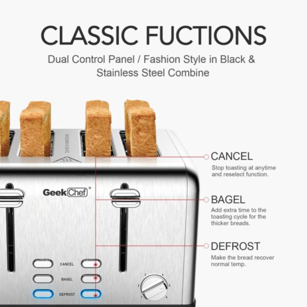 Toaster 4 Pieces Geek Chef Stainless Steel Super Wide Trough Toaster with Bagel/defrosting/ - Image 6