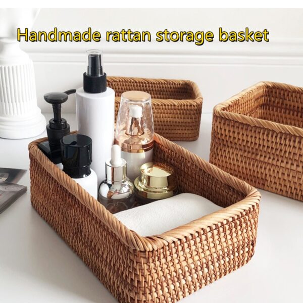 Hand-woven Rattan Wicker Basket Fruit Tea Snack Bread  Cosmetic Rectangular Storage Box Household Kitchen Supplies