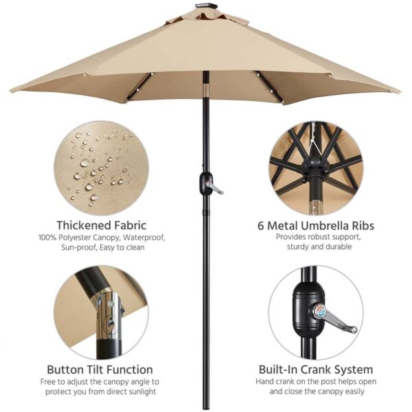 SMILE MART 7.5ft Standard Patio Umbrella with LED Lights, Tan Outdoor Umbrella - Image 2