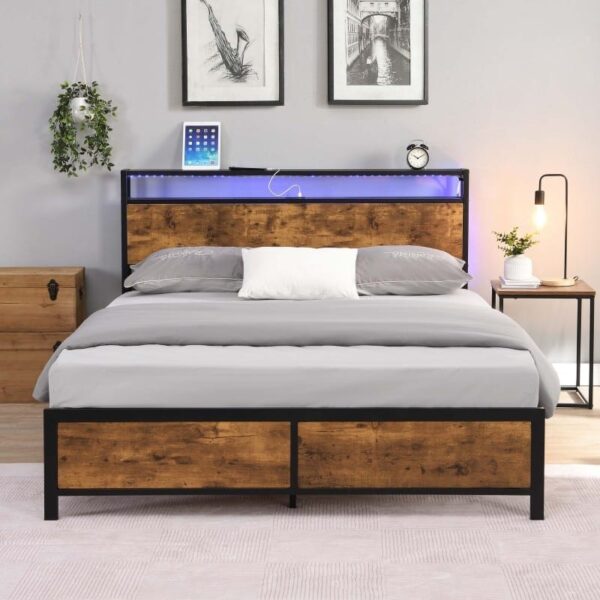 Industrial Full Bed Frame with LED Lights and 2 USB Ports, Bed Frame Full Size