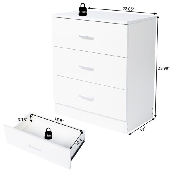 3-Drawer Dresser Pure White with Handles Storage Night Stand - Image 6