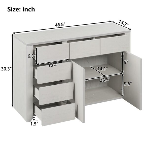 Off White Simple Style Manufacture Wood Dresser with Gray Wood Grain Sticker Surfaces Six Drawers and Two Level Cabinet - Image 6