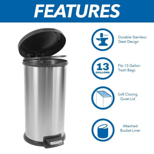 Stainless Steel 10.5 Gallon Round Step Trash Can - Image 4