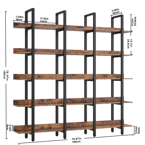 IRONCK Bookcase and Bookshelves Triple Wide 5 Tiers Large Open Shelves, Etagere Bookcases with Back Fence for Home Office Brown - Image 4