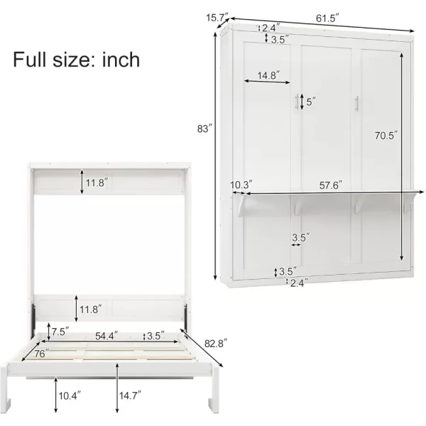 Full Size Murphy Bed with Desk, 61.5-inch Murphy Beds Frame, Wood Murphy Bed Foldable Bed for Guest Room/Study Room - Image 3