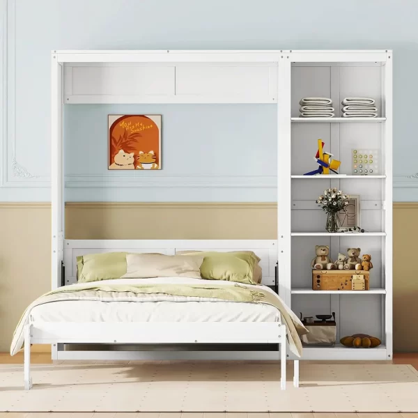 Queen Size Murphy Bed Wooden Wall Bed with Shelves White Crafted from durable industrial-grade laminated MDF and plywood - Image 3