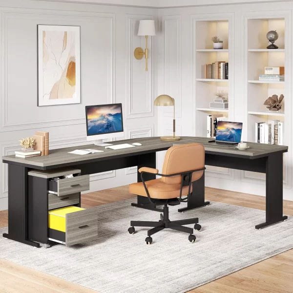 83 Inch L-Shaped Desk with Drawers Large Executive Office Desk with 3-Drawer File Cabinet Industrial Corner Computer Desk - Image 5