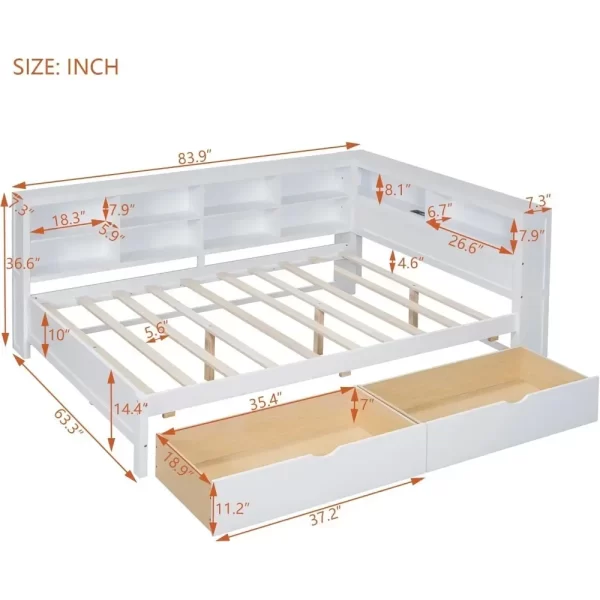 Daybed with Storage Drawers and Bookcase,L-Shape Daybed with USBPorts and Headboard,Wood Corner Bed Frame with Headboard Storage - Image 4