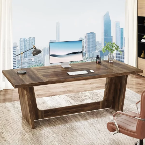 70.87 Inch Executive Computer Desk: Large Home Office Desk with Solid Wooden Pedestal Industrial Wood Study Writing Table - Image 4